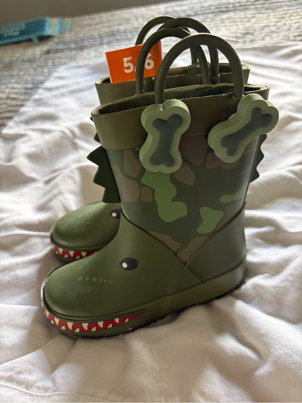 Kids' Green Camo Dino Rain Boots with Bone Charm